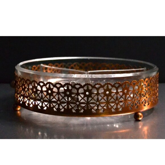 Vintage Copper And Divided Glass Serving Dish With Handle Dining Serveware - Picture 2 of 4